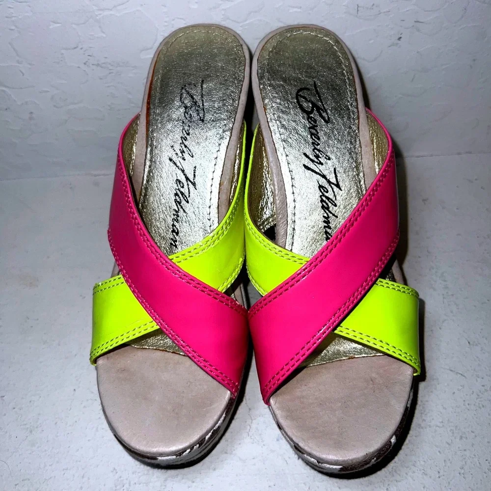 Beverly‎ Feldman Vintage Y2K Maximalist Neon Animal Print Platform Sandals Mules
